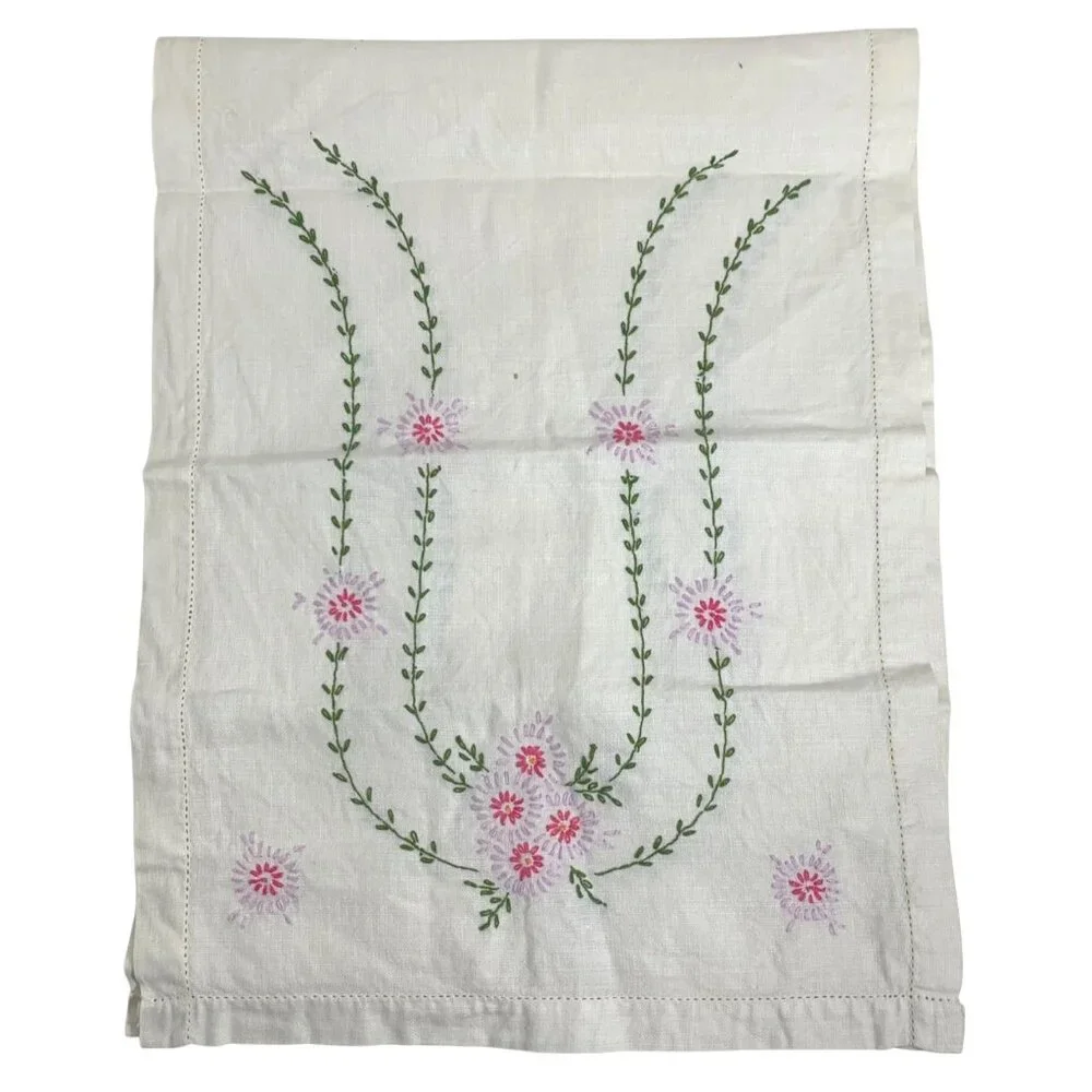 Vintage Cottagecore Hand-Embroidered Floral Rectangular Table Runner Linen